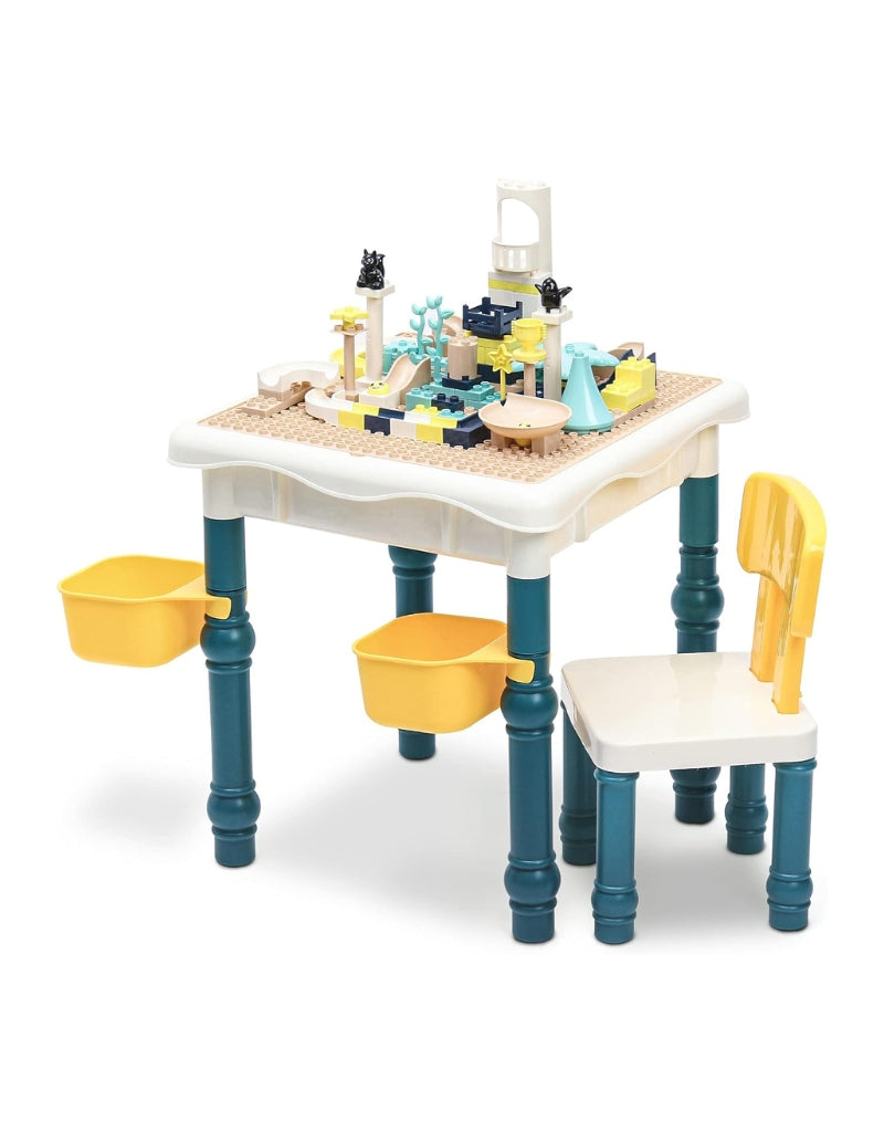 Children’s construction table set with chair and 121 large building bricks displayed on top.