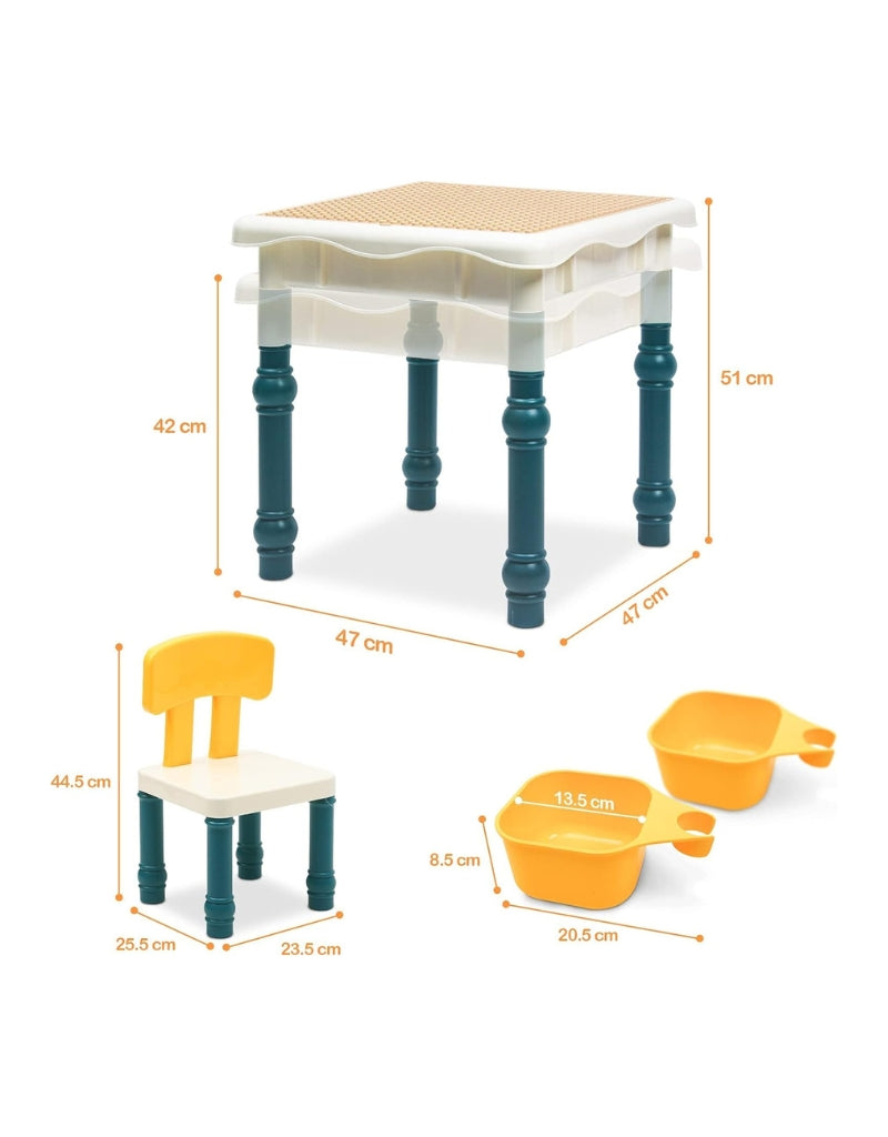 Dimensions of the construction table, chair, and storage bins with measurements in centimeters.
