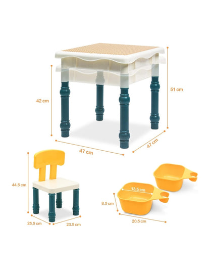 Dimensions of the construction table, chair, and storage bins with measurements in centimeters.