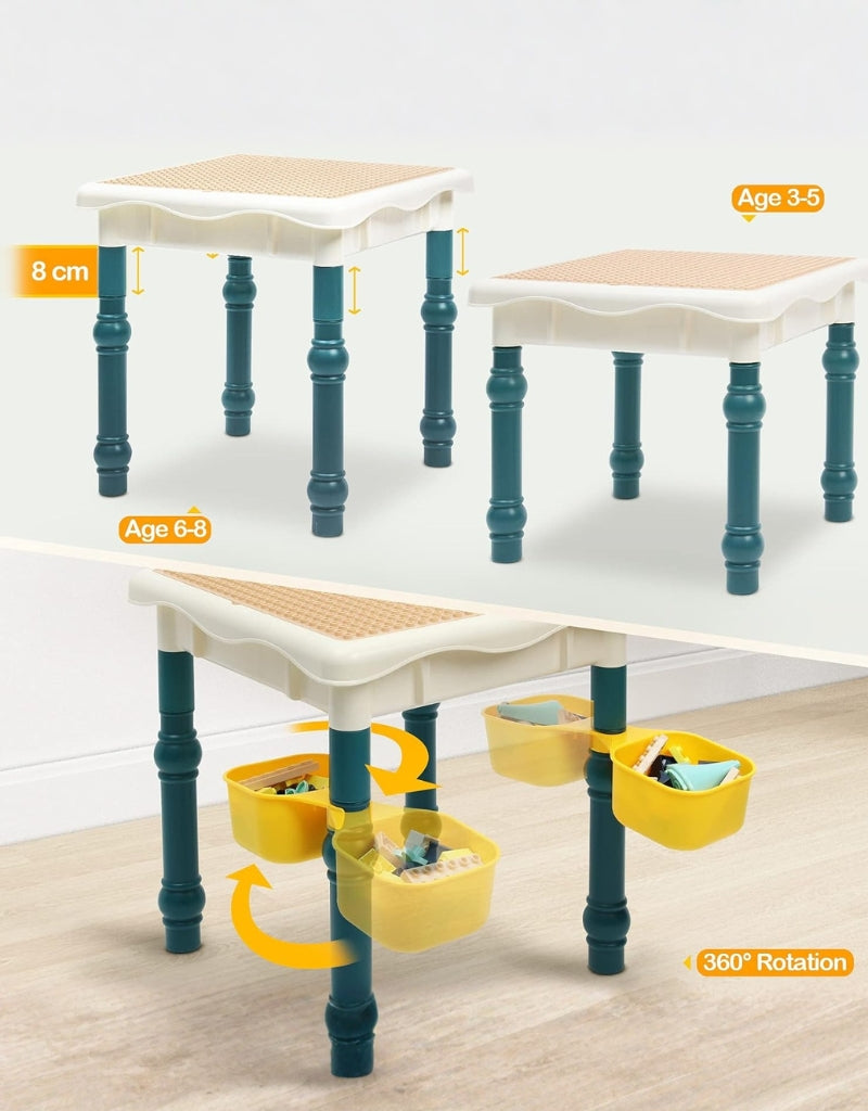 Adjustable height construction table for ages 3–8 and 360-degree rotating storage bins attached to table legs