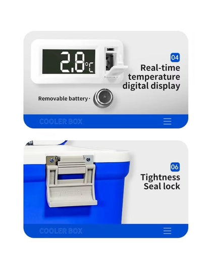 Cooler box with real-time digital temperature display and tight seal lock.