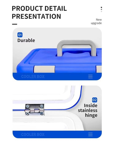 Cooler box detail showing durable handle and inside stainless steel hinge.