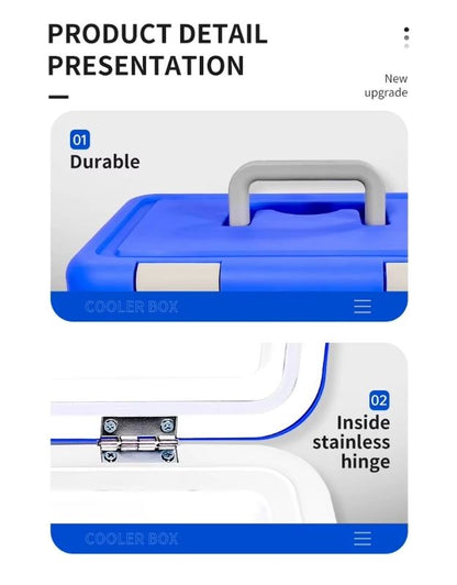 Cooler box detail showing durable handle and inside stainless steel hinge.