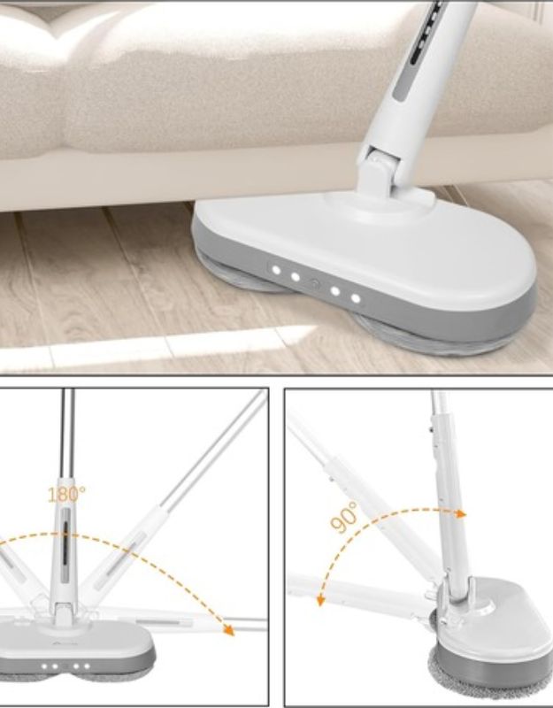 Cordless electric mop with 90 and 180 degree rotating head cleaning under furniture.