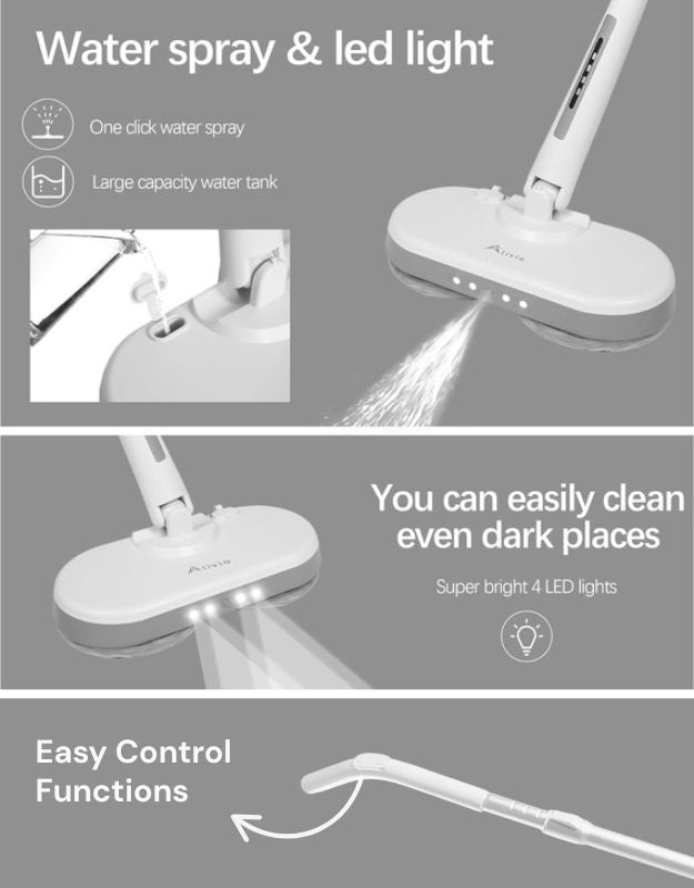 Electric mop with one-click water spray and four LED lights for cleaning dark spaces.