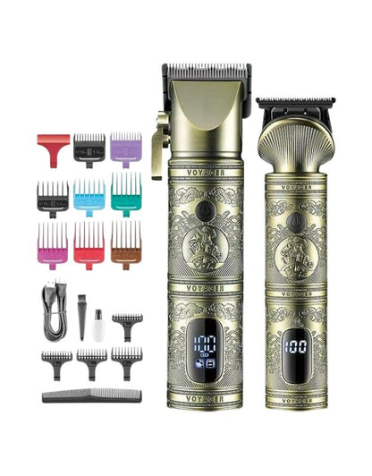 A professional hair clipper trimmer set with various attachments and a metallic housing featuring an LED display.
