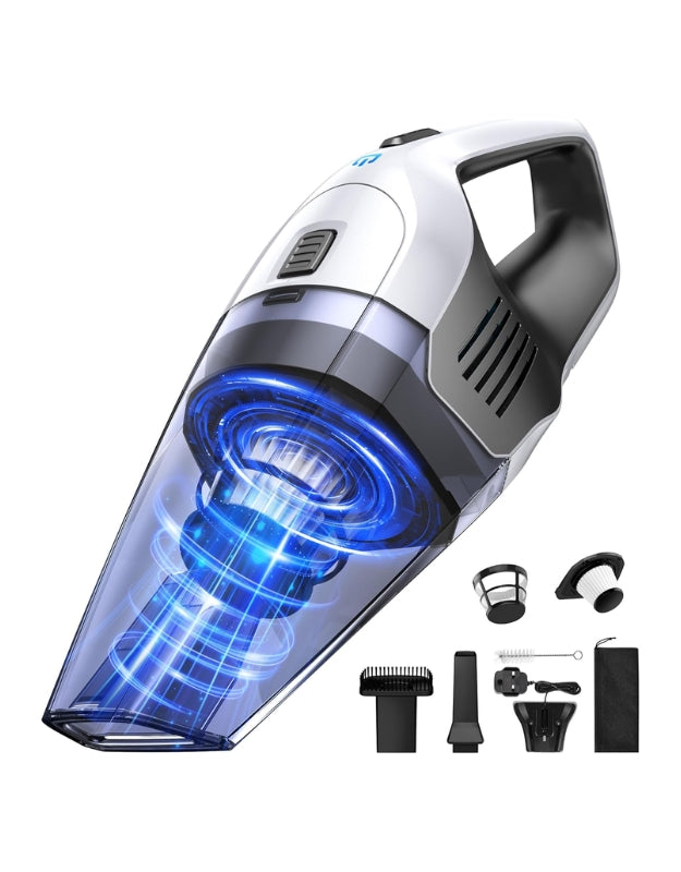 Cordless handheld vacuum cleaner with components and accessories, showcasing the vacuum's blue cyclone and portable design.