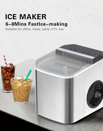 Ice maker with two glasses of iced drinks on a white background. Ice maker machine with fast 6 to 8 minute ice production, ideal for home or office.