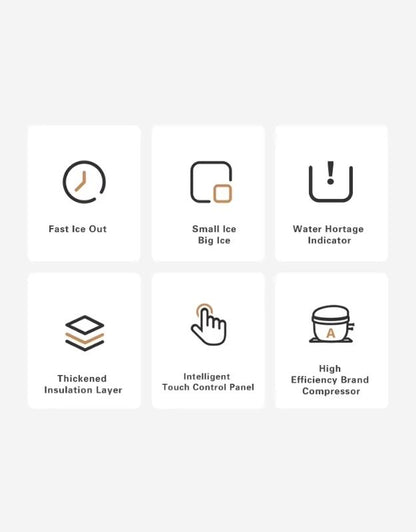 Set of icons and text describing features of a product on a white background. Ice maker features including fast ice output, small or large cubes, touch control panel, and energy-efficient compressor.