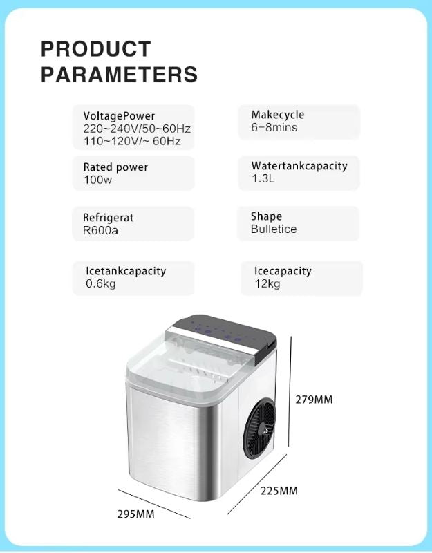 Product parameters of a small ice maker with dimensions and specifications. Ice maker specifications with 12kg daily ice capacity, 6 to 8 minute cycle, 1.3L water tank, and compact dimensions.