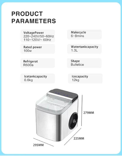 Product parameters of a small ice maker with dimensions and specifications. Ice maker specifications with 12kg daily ice capacity, 6 to 8 minute cycle, 1.3L water tank, and compact dimensions.