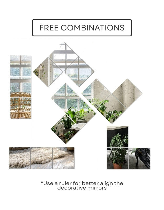 Decorative mirror tiles arranged in creative free wall combinations.