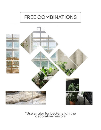 Decorative mirror tiles arranged in creative free wall combinations.