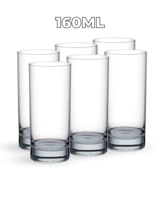 Set of six clear glass tumblers with '160ML' text on a white background.