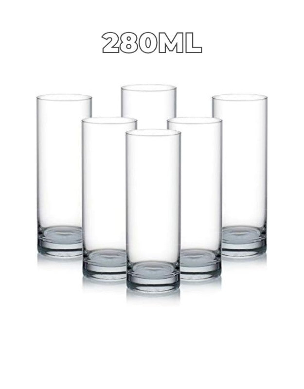 Set of six clear glasses with a capacity of 280ml on a white background.