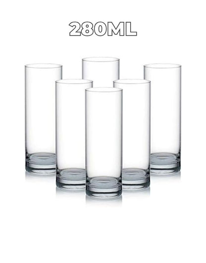 Set of six clear glasses with a capacity of 280ml on a white background.
