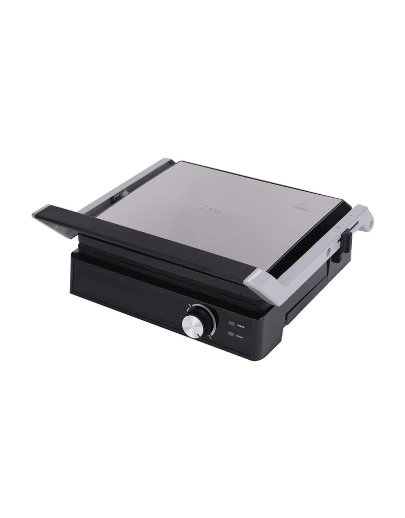Dessini 2000W contact grill closed – sleek stainless steel top with adjustable temperature control