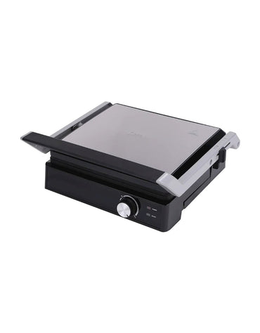 Dessini 2000W contact grill closed – sleek stainless steel top with adjustable temperature control