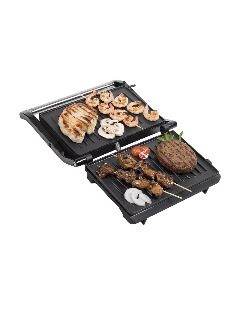 Dessini contact grill used flat open for grilling shrimp, chicken, burger, and vegetables