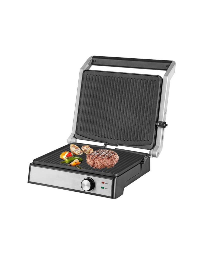 Dessini Easy & Sweetlife 2000W contact grill open with grilled burger, vegetables, and chicken – non-stick plates