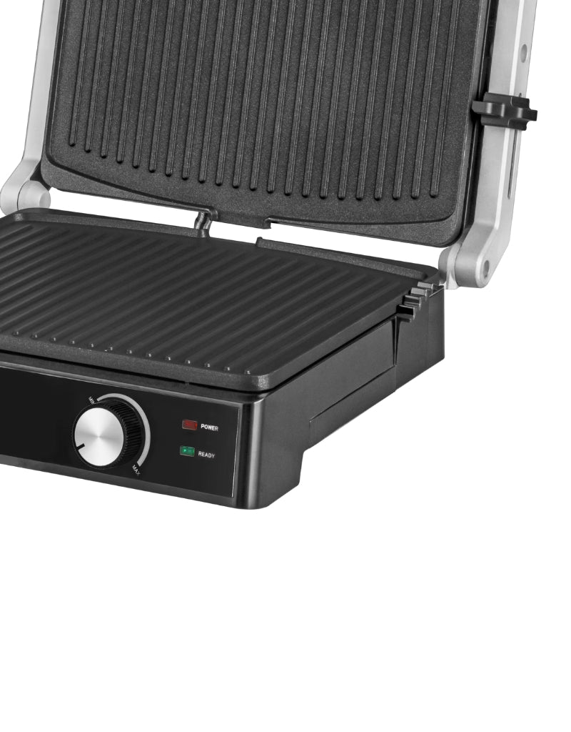 Close-up of Dessini contact grill non-stick plate with power and ready indicator lights