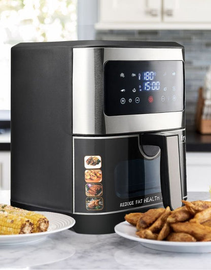 Digital air fryer with LED touchscreen control panel on kitchen counter.