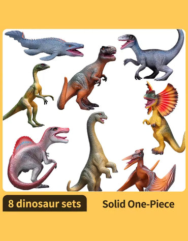 Eight realistic dinosaur toy figures included in the 3D scene model puzzle set