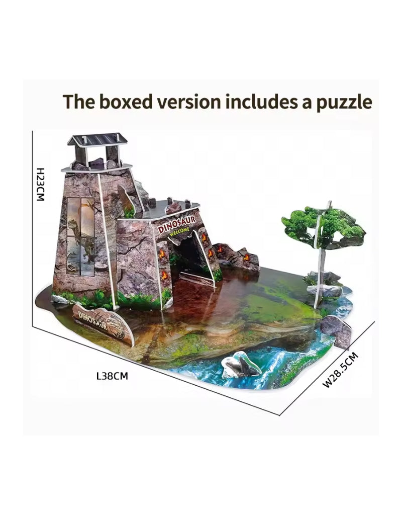 Dinosaur 3D puzzle scene base with dimensions showing rocky landscape and entrance