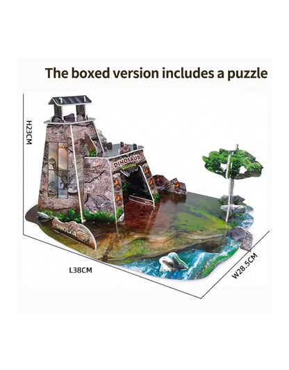 Dinosaur 3D puzzle scene base with dimensions showing rocky landscape and entrance