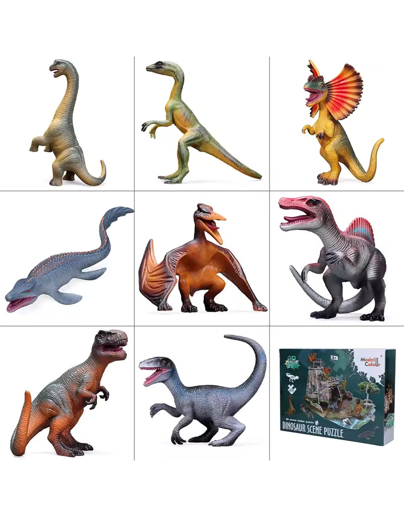Complete Dinosaur 3D Scene Model Puzzle set with 8 dinosaur figures and puzzle base