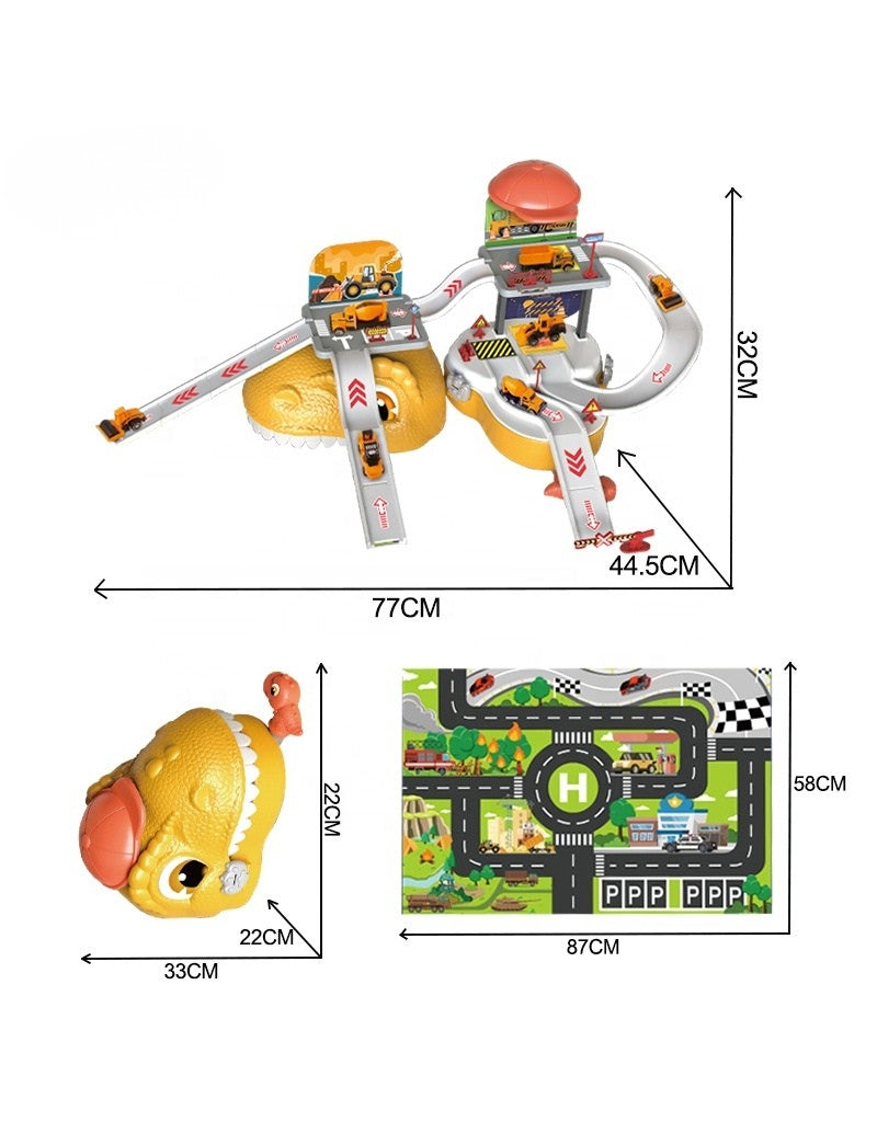 Size dimensions of the Kids 59 PCS 3 in 1 Dinosaur Storage Suitcase Garage Parking playset.