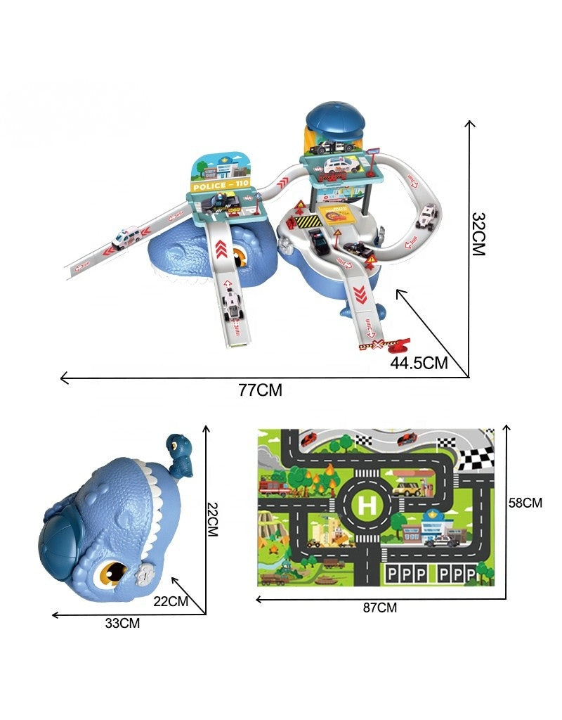 Size dimensions of the Kids 59 PCS 3 in 1 Dinosaur Storage Suitcase Garage Parking playset.