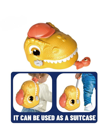 Yellow dinosaur storage suitcase being used as both a backpack and a rolling travel suitcase.
