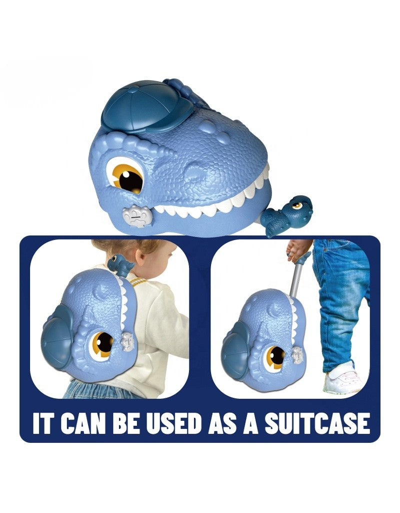 Yellow dinosaur storage suitcase being used as both a backpack and a rolling travel suitcase.