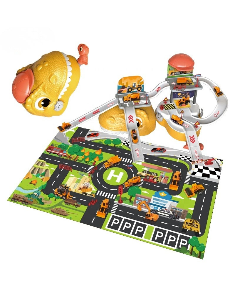 Dinosaur Storage Suitcase opened as a 3 in 1 Garage Parking track set with construction vehicles.