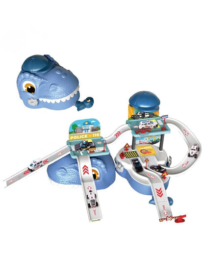Dinosaur Storage Suitcase opened as a 3 in 1 Garage Parking track set with construction vehicles.