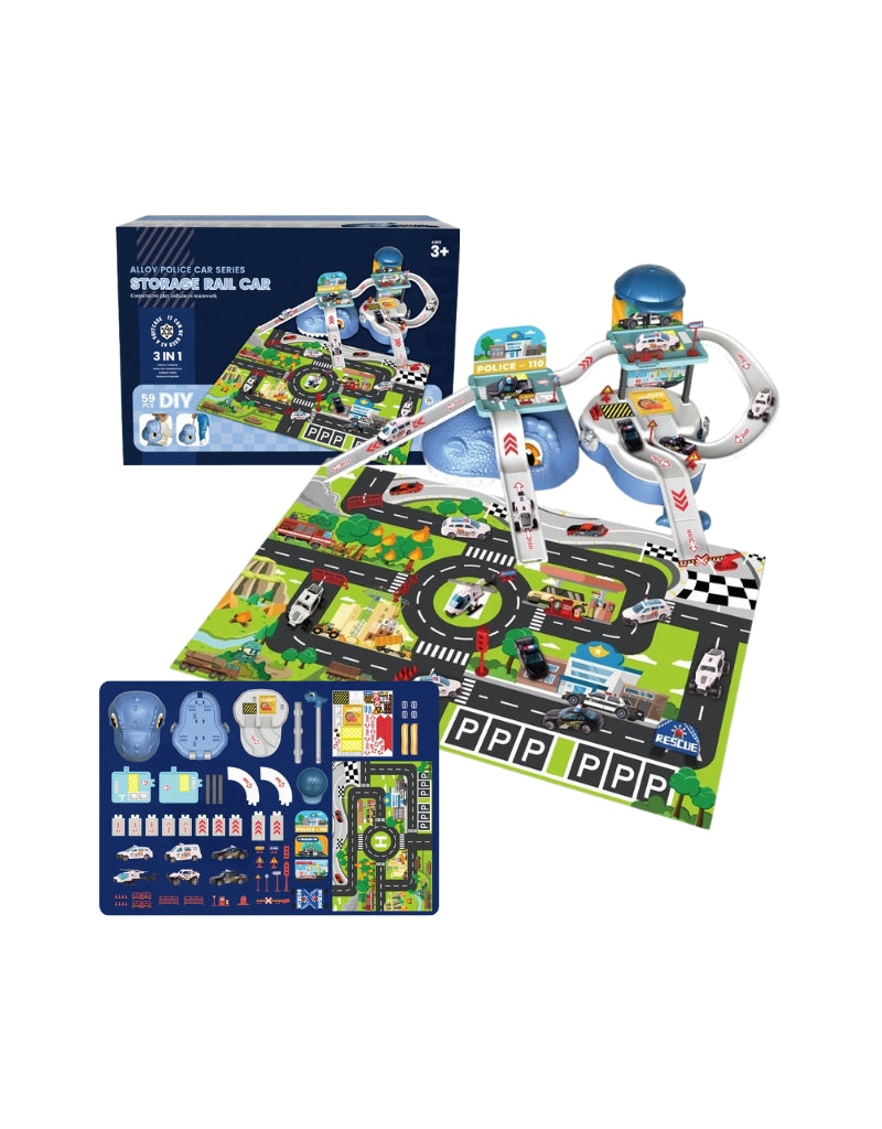 Kids 59 PCS 3 in 1 Dinosaur Storage Suitcase Garage Parking set showing all pieces and packaging.