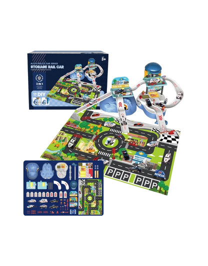 Kids 59 PCS 3 in 1 Dinosaur Storage Suitcase Garage Parking set showing all pieces and packaging.