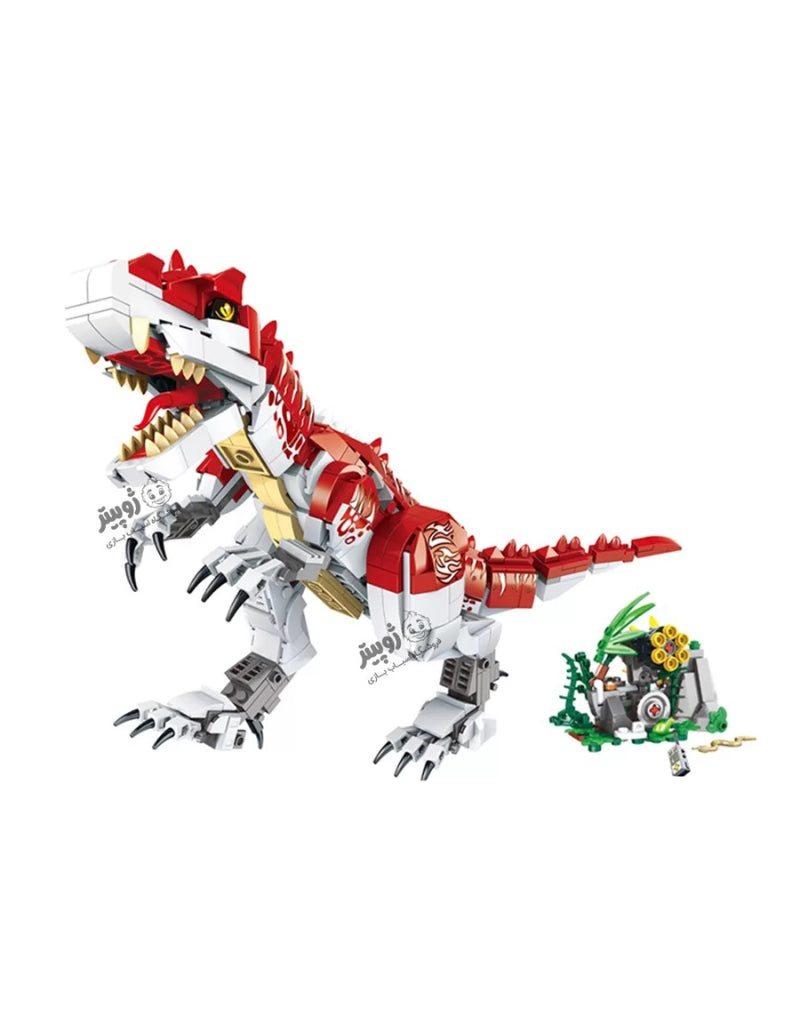 Red and white Tyrannical Dragon 2-in-1 dinosaur building set with jungle accessory