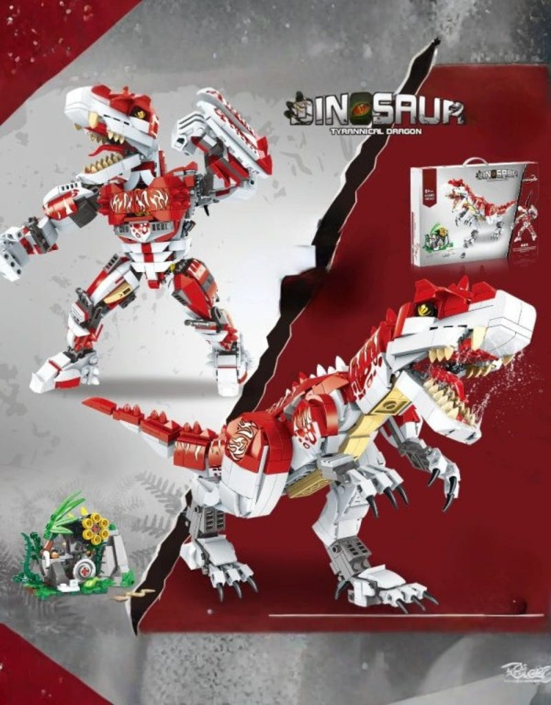 Tyrannical Dragon 2-in-1 building set shown in dinosaur and robot modes with packaging