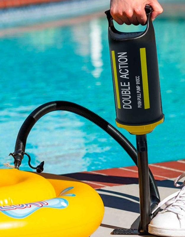 Double Action SY-H8014 air pump inflating a pool float near swimming pool