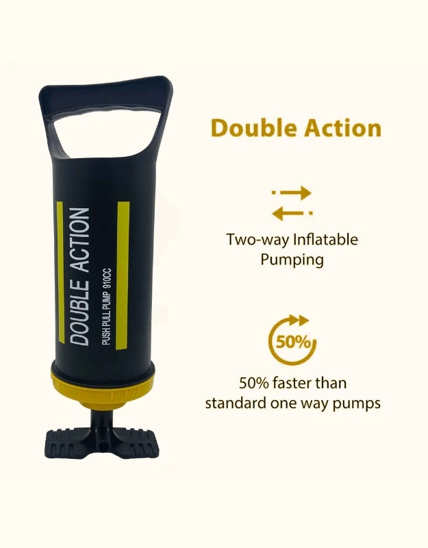 Double Action SY-H8014 air pump with text showing 50% faster inflation and two-way pumping