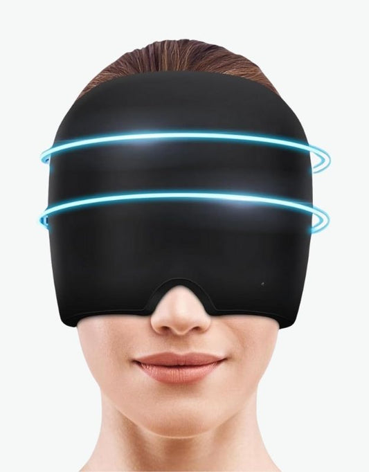 Black migraine relief gel mask for hot and cold therapy.