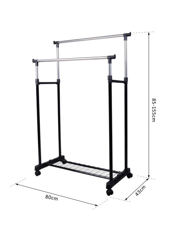 Clothing rack with two rails and dimensions 80 by 43 by 155 centimeters.