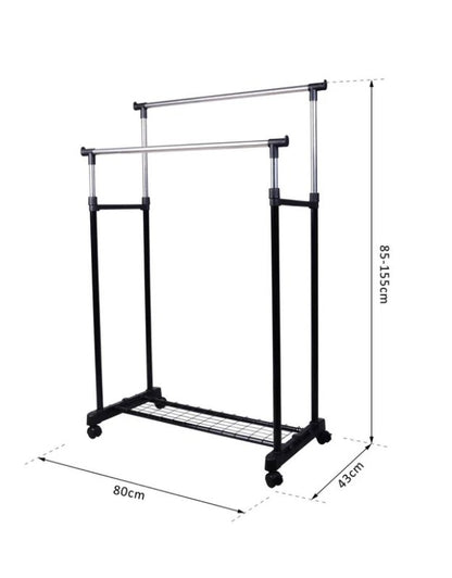 Clothing rack with two rails and dimensions 80 by 43 by 155 centimeters.