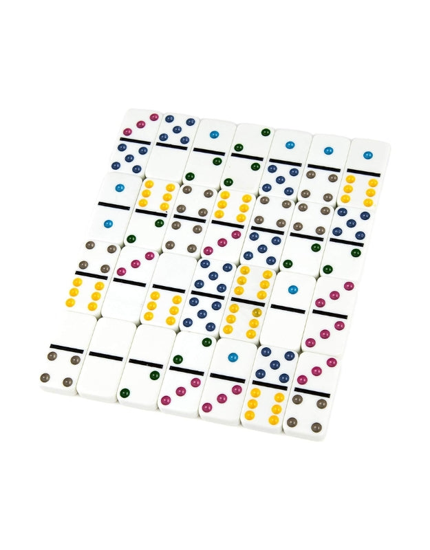 An overhead shot of all 28 white domino pieces from the set, neatly arranged in rows to show each of the colored dots