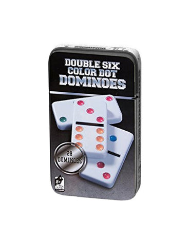  A simple, high-contrast product shot of the black and red tin box for the "Double Six Color Dot Dominoes" game