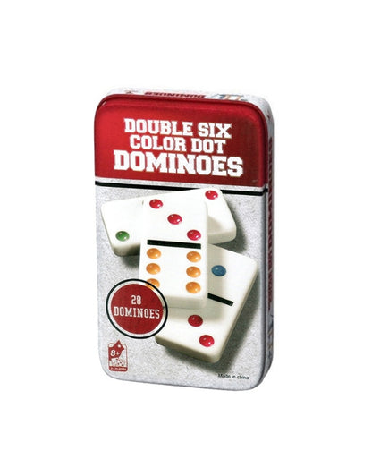 A product shot of the "Double Six Color Dot Dominoes" tin box, showing the red and white design and stating it contains 28 dominoes
