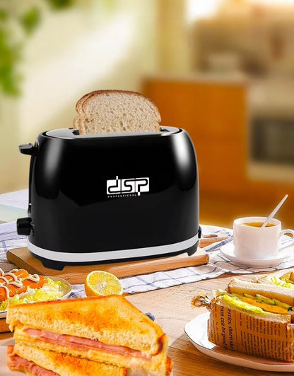 A black DSP brand toaster with a white trim on a kitchen counter, with a piece of bread inside it and various breakfast items like sandwiches and toast around it.