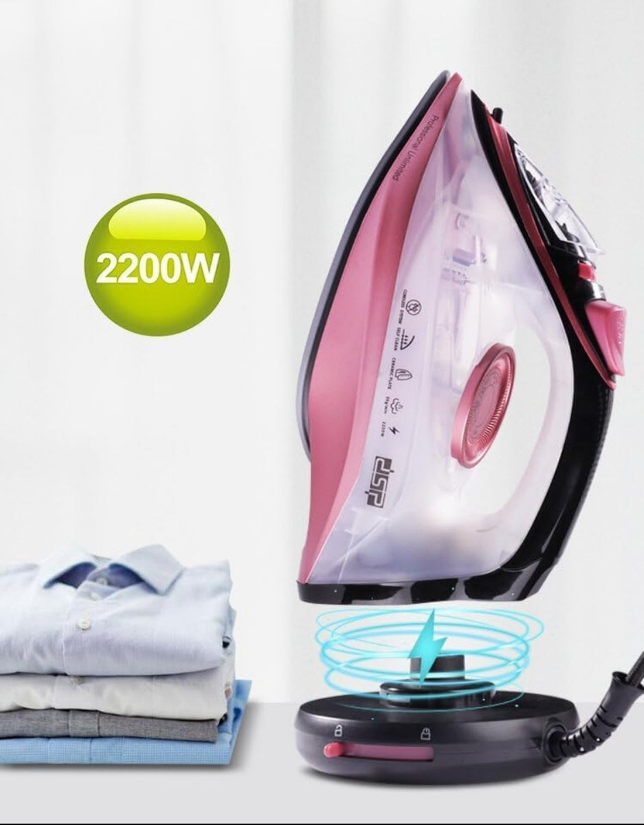 DSP 2200W electric clothes iron with base stand and steam burst, designed for quick household ironing